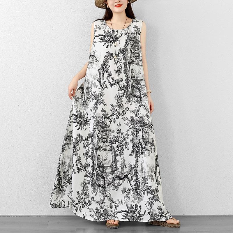 Sleeveless Plus size Cotton vintage Floral new in dresses for women casual loose maxi long summer dress