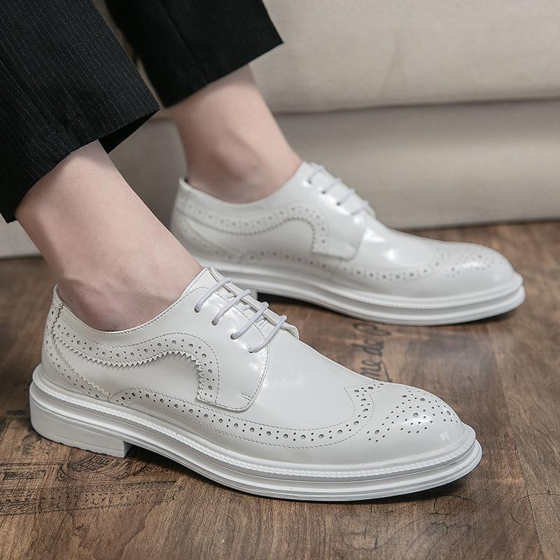 Men's Leather Shoes 2025 Spring Mirror White Leather Shoes Korean Version Brock Casual Shoes British White Leather Shoes Men