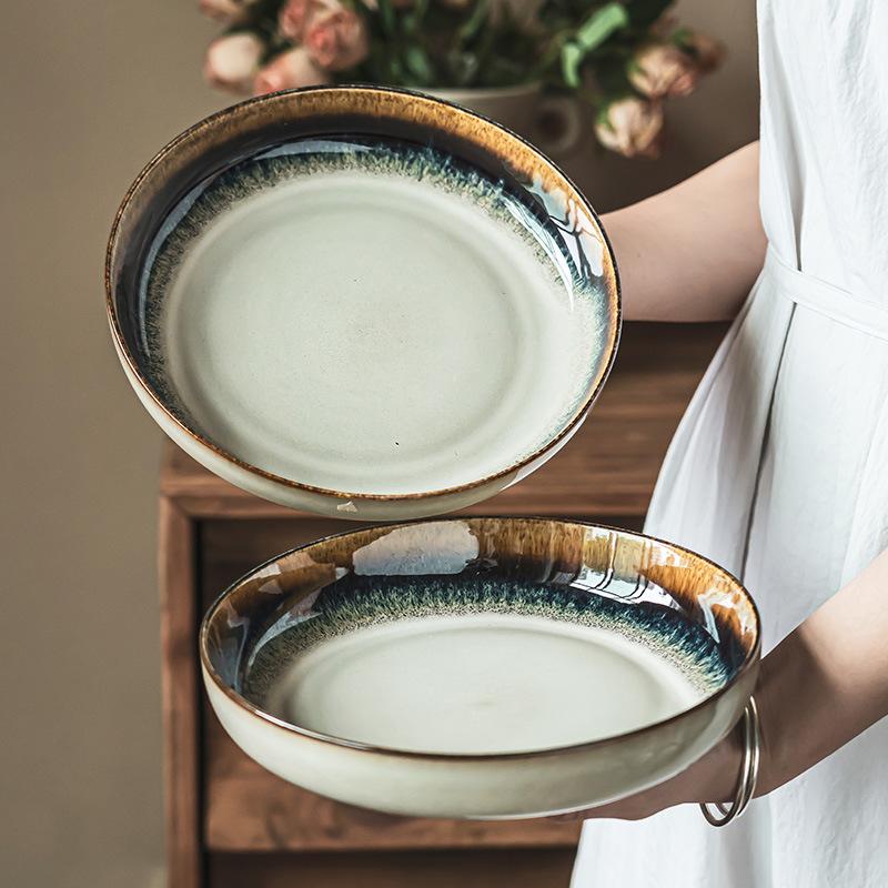 Retro Style Contrasting Color Kiln Change Glaze Ceramic Deep Plate Household Tableware Plate Creative Disc Pasta Plate Salad Plate Vegetable Plate