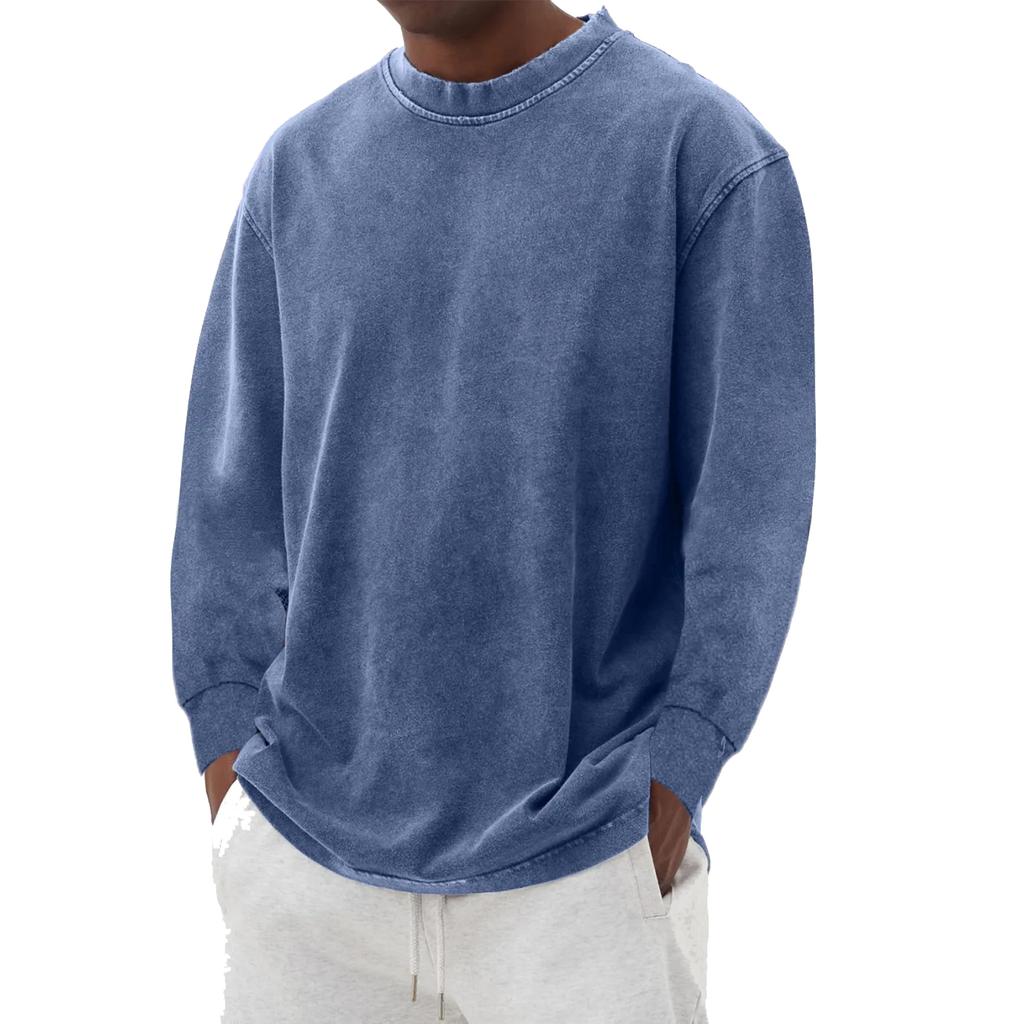 Pánské a dámské ležérní vysoce gramážové prané distressed bavlněné tričko s dlouhým rukávem, pánské spadlé rameno, retro volné kulatý výstřih