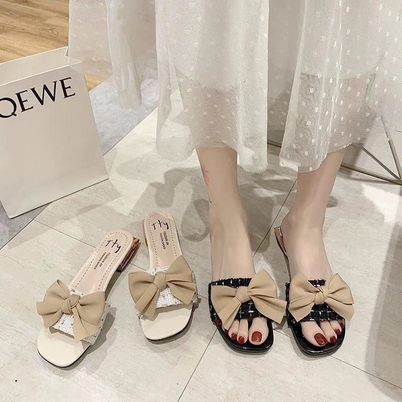 2025 New Low-heeled Cool Slippers Women Wear Bows Internet Celebrities Thick Heel Summer One-word Drag Fashion Versatile Sandals