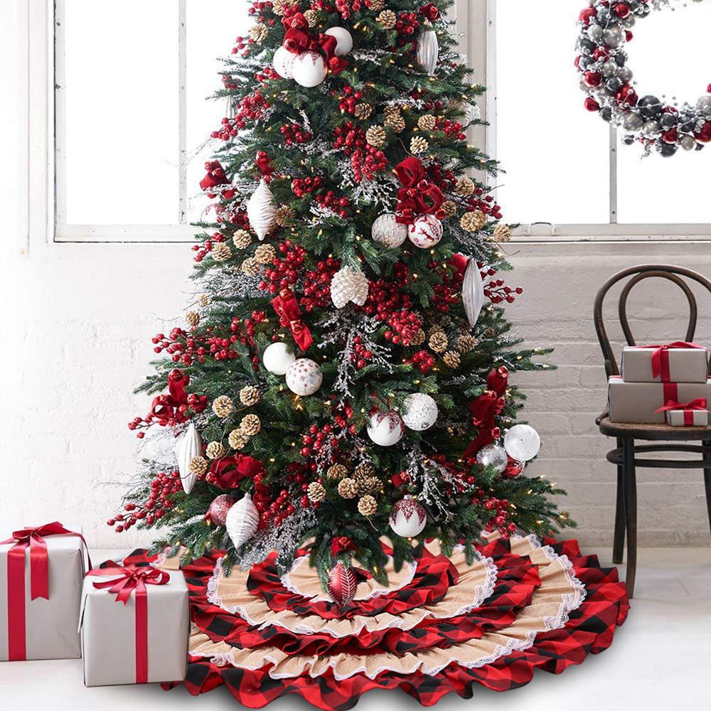 Classic Checked Burlap Christmas Tree Skirt 116cm Cheerful Cartoon Decoration Trees For