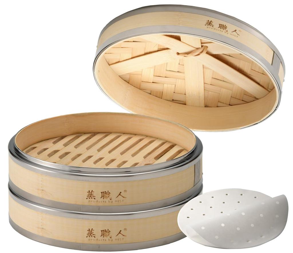 Commercial Kitchen Equipment, Hist "Mushu Shokunin" Cantonese-Style Bamboo Steamer, 27cm, with 2 Boilers and 1 Lid, Stainless Steel Rim