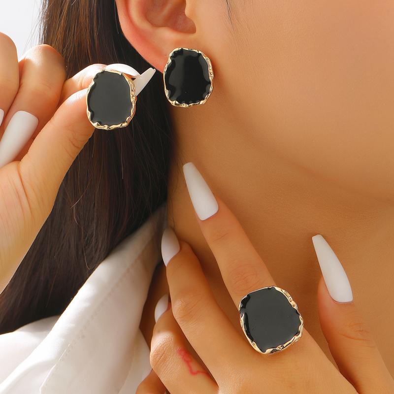 Vintage Coffee Colored Drip Oil Irregular Stud Earrings Ring Set for Women Personality Square Geometric Finger Rings Jewelry
