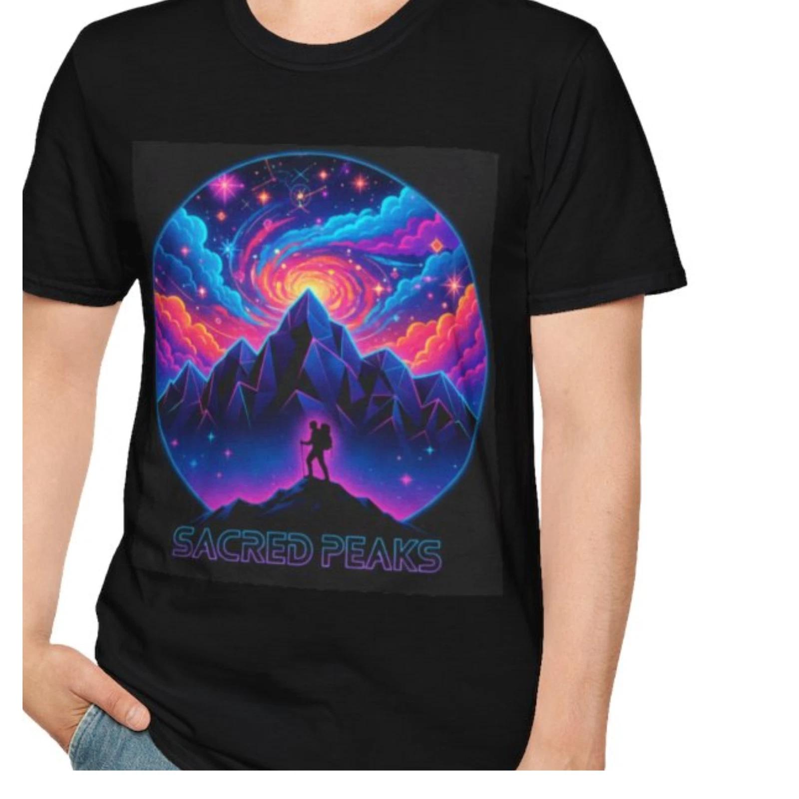 Cosmic Adventure T-Shirt Mountains Hiking Unisex Graphic Tee, Sacred Peace 2XL