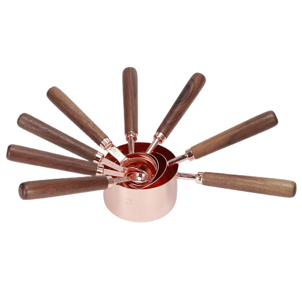 8Pcs Rose Gold Stainless Steel Measuring Spoon Set with Wood Handles Kitchen Baking Accessory