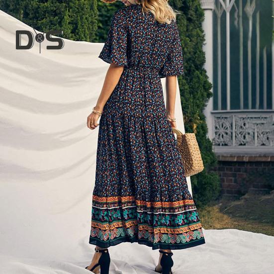 Dámské šaty Etnický bohémský styl Potisk Výstřih do V Krátké rukávy Pružný pas Skládaný Patchwork Maxi šaty A-line Letní dovolená Plážové šaty