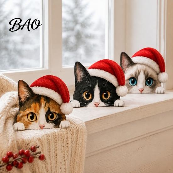 Desktop Cat Figurine Cute Shelf Sitter, Wooden Christmas Hat Peeking Desk Figurine, Funny Animal Small Statue Sign, Lover Gift for Holiday Home Office