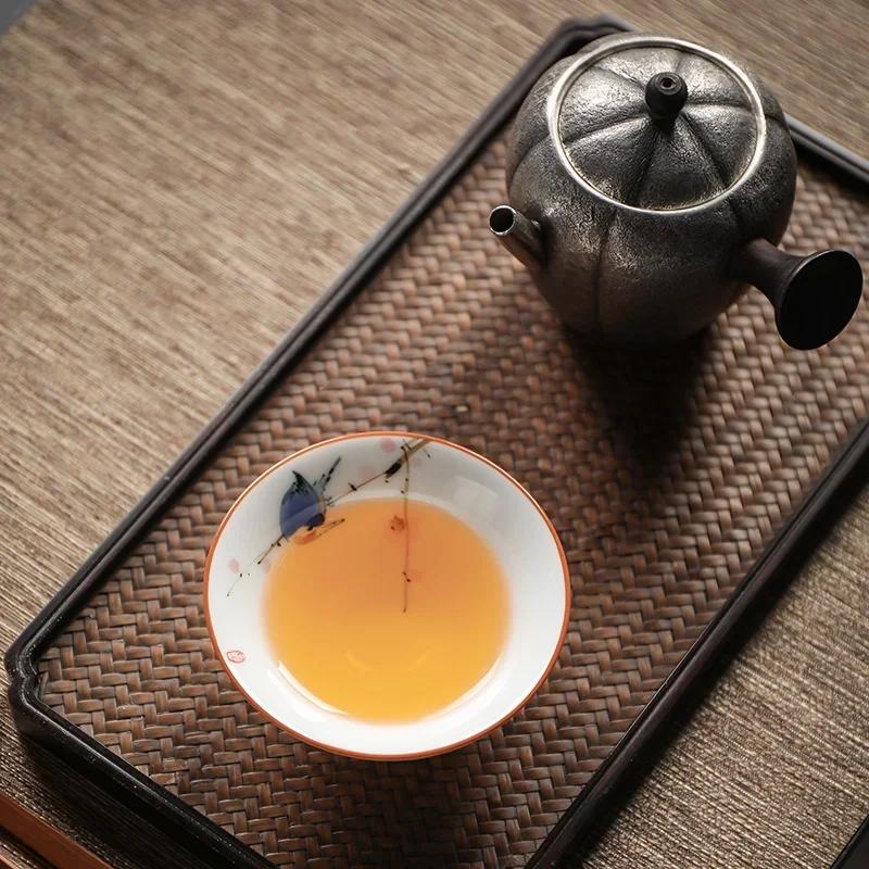 Chinese Ceramic Teacup Hand Painted Flowers and Birds Cup Travel Tea Bowl Household Porcelain Tea Set Master Cup 60ml