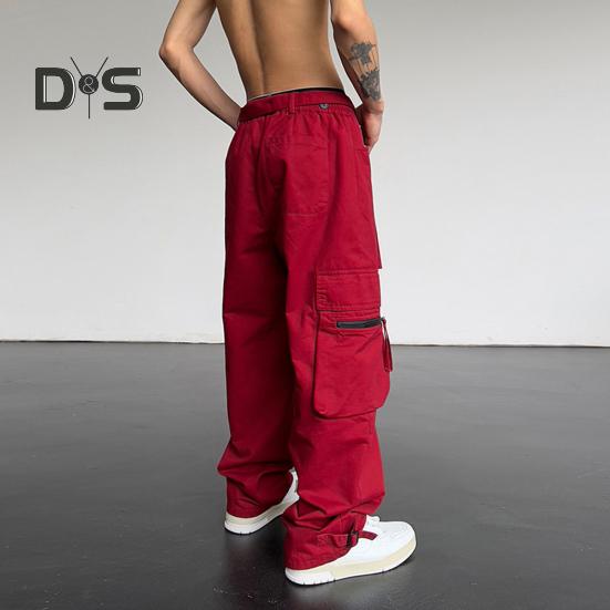 Pánské cargo kalhoty s velkou kapsou Hip-hop styl High Street Široká noha Volné Vintage se stahovací šňůrkou Elastický pas Po celé délce Kalhoty s hlubokým rozkrokem