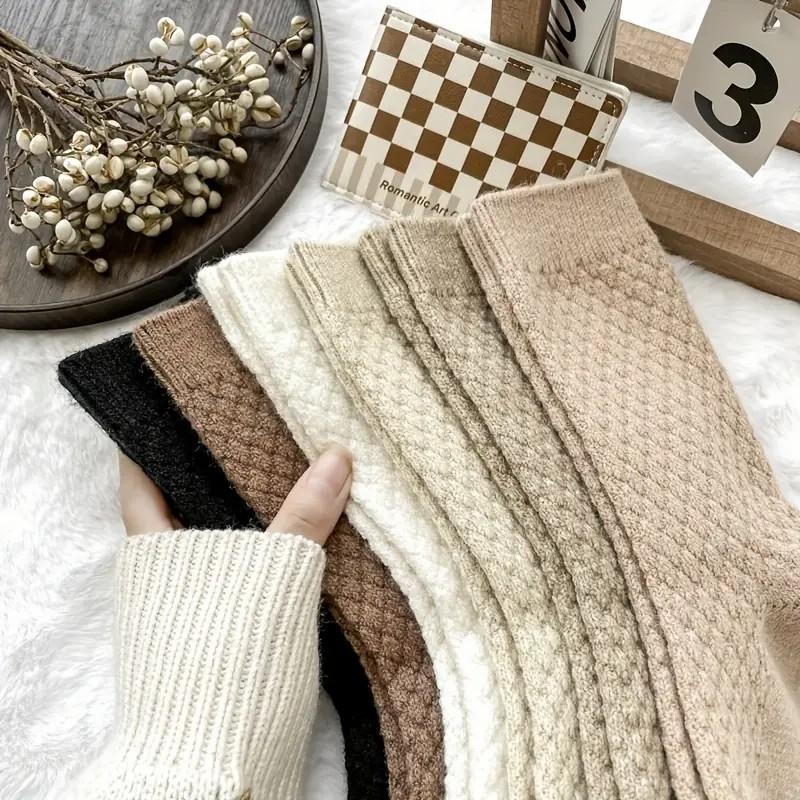 6 Pairs Elegant Women Plush Mid Tube Socks Fashionable Autumn Winter Soft Comfortable Warm Plush Solid Color Casual Socks