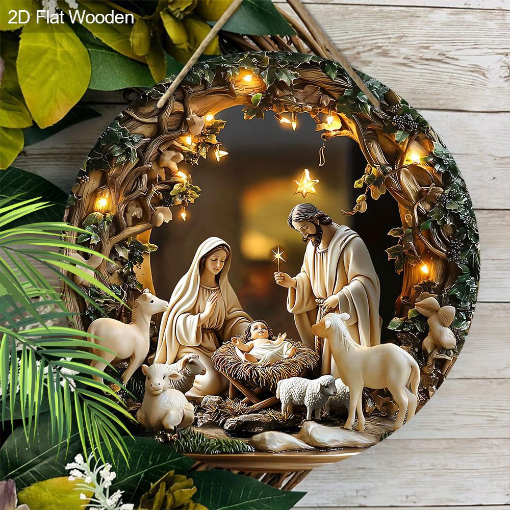 Nativity Scene Wooden Sign, Jesus Chases The Lost Lamb Round Sign for Front Door Wall Hanging Decor, Ideal Christmas Ornament