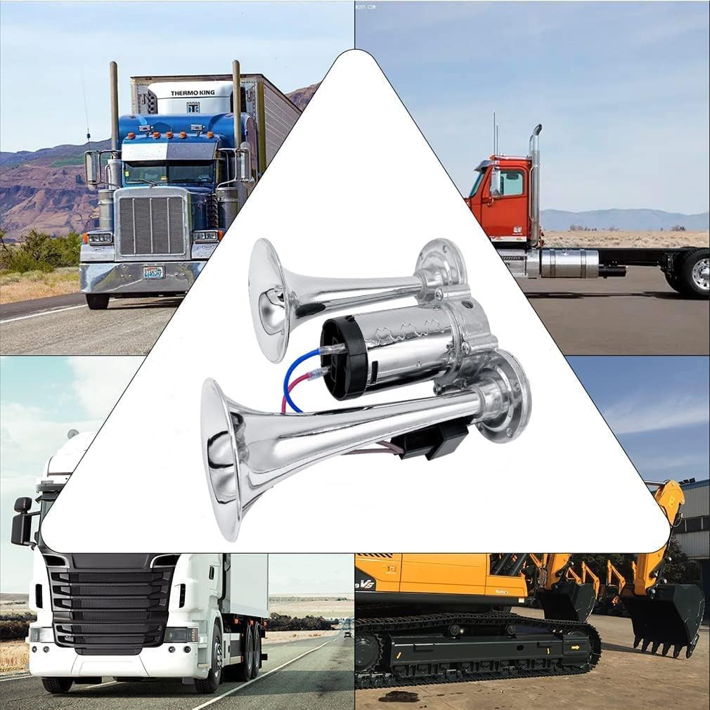 

Модернизированный 12V 600DB Пневматический сигнал Двойные трубы Супер громкий Комплект двойных электрических пневматических сигналов для транспортных средств - С компрессором для любого 12V внедорожника мотоцикла грузовика