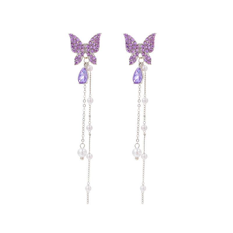 purple rhinestone butterfly tassel earrings for women imitation pearl beads pendants thread long hainging earring brincos