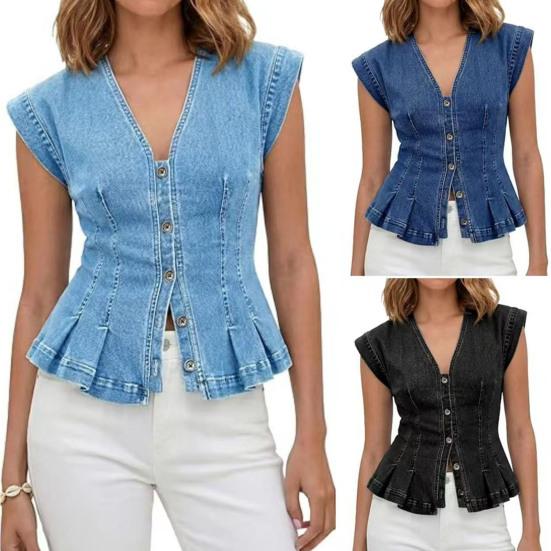 Women's V Neck Denim Vest Top, Sleeveless Button Down Ruffle Trim Jean Top, Summer Casual Strechy Waistcoat