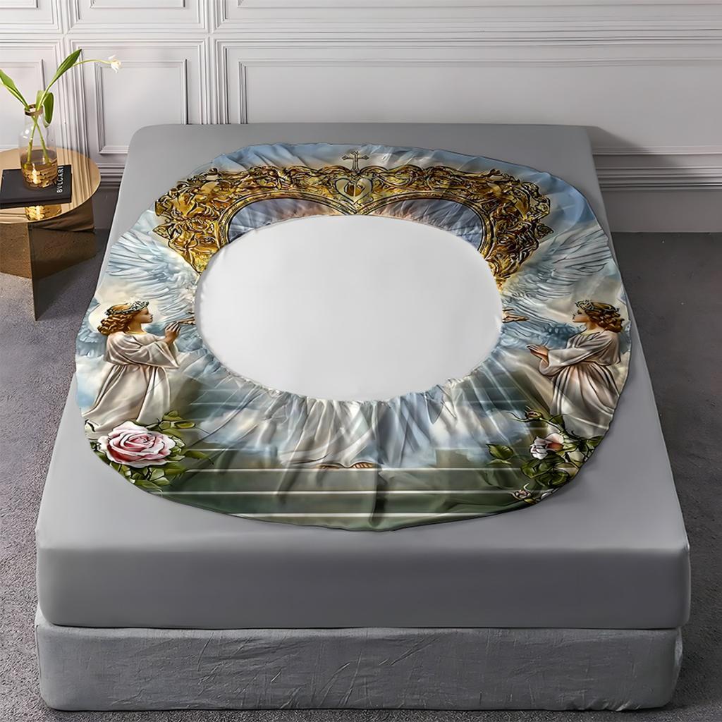 3pcs Bedding Set with a Religious Pattern Featuring Sacred Heart Angels Including a Fitted Sheet And Two Pillowcases