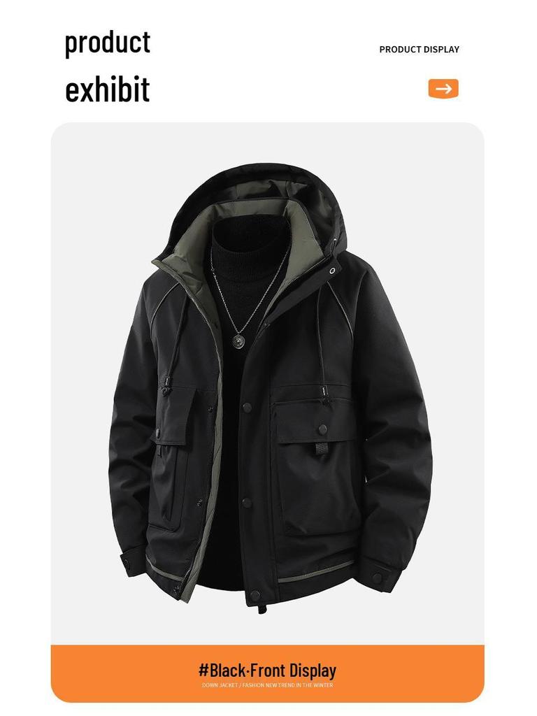 Men's Trendy Windproof Hooded Winter Jacket, Thickened Warm Graphene with White Duck Down.