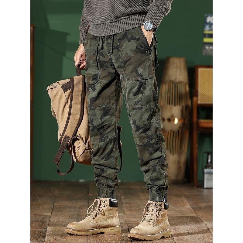 Men's Slim-Fit Camouflage Cargo Pants with Drawstring, Harem Style, Spring and Autumn Trendy Outdoor American Casual Long Pants