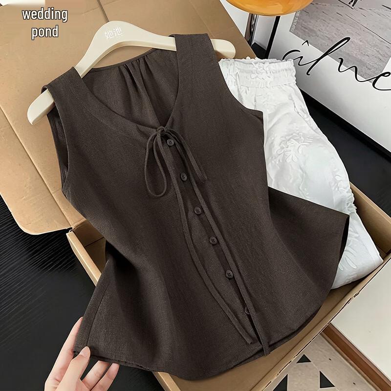 Women s Lyocell Linen V-Neck Tie-Up Tank Top XL