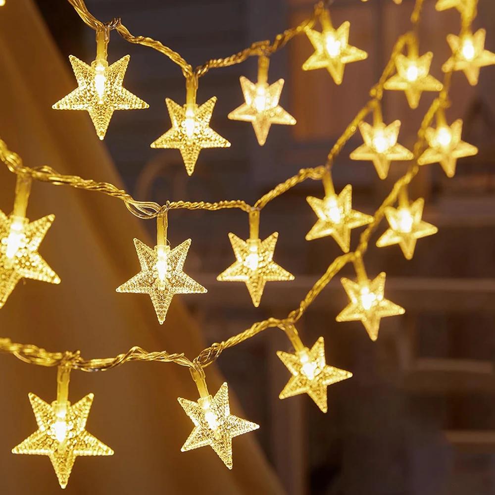 Christmas String Lights LED Acrylic Clear Star Snowflake Xmas Tree Long Lamp Strings Light Hanging Ornaments Home Party Decor