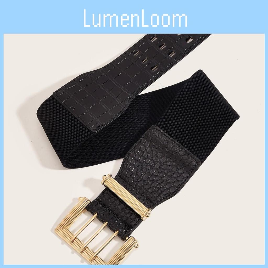 Square Metal Fashion Buckle Decorative Stone Texture Women Casual Wide Waistband