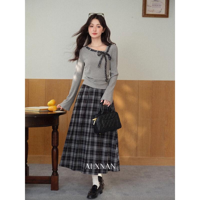 Elegant Gray Plaid A-line Midi Skirt
