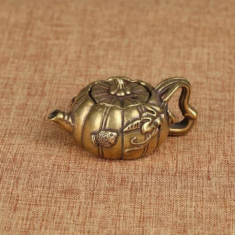 Home Decoration Small Crafts Gold Colours Copper Pumpkin Tea Pet Mini Teapot Cast Brass Pots Small Kung Fu Tea Ornament Tools