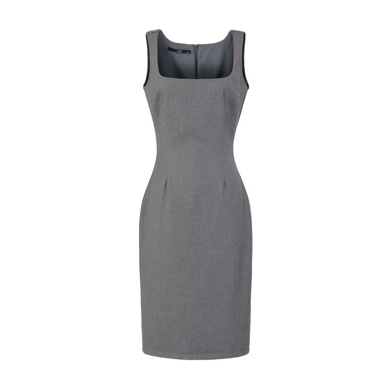 Women's Gray Vest Suit Dress - Retro Sleeveless Sheath with Waist-Cinched High-End Style