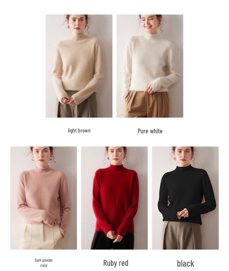Women's 100% Pure Cashmere Semi-High Neck Sweater: Autumn/Winter 2026 Loose Knit Base Layer with Rolled Hem