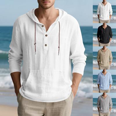 Men's Autumn Sports Casual Long-Sleeved Shirt Cotton-Linen Blend Hooded Pullover Sweatshirt Versatile Loose-Fit Beach T-Shirt
