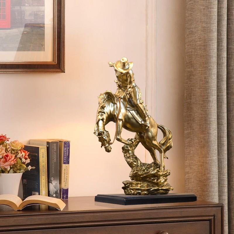 Resin Western Cowboy On Horse Statue Decorative Sculpture Office Living Room Home Gift