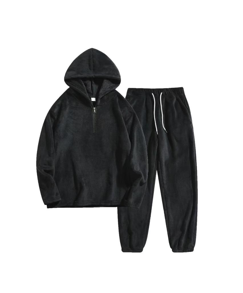 Autumn and winter suit men's fashion thermal hooded sweater solid color wool sweatpants casual sports two-piece set