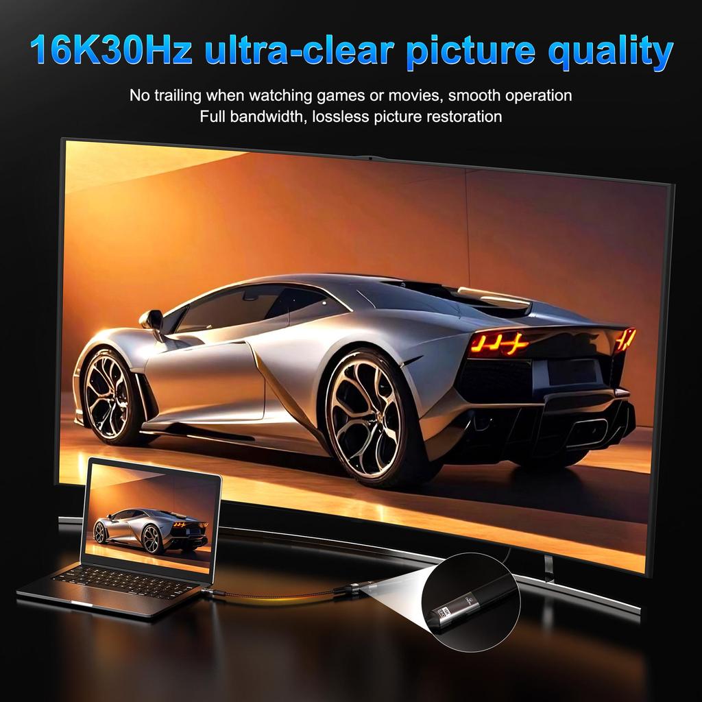 USB-C To DisplayPort 2.1 HD Video Converter Cable, 16K@30Hz, 54Gbps, Compatible with Computer and Phone