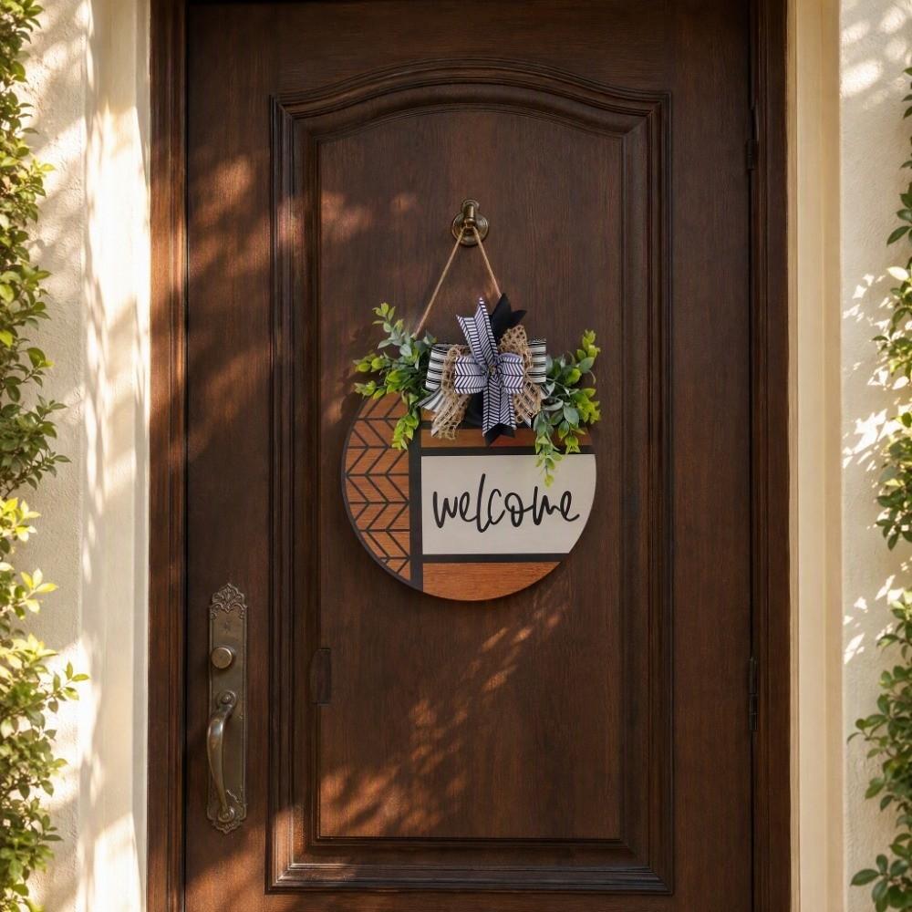 Wooden Door Wreath Artificial Plant Wall Art Creative Welcome Sign Porch Decor