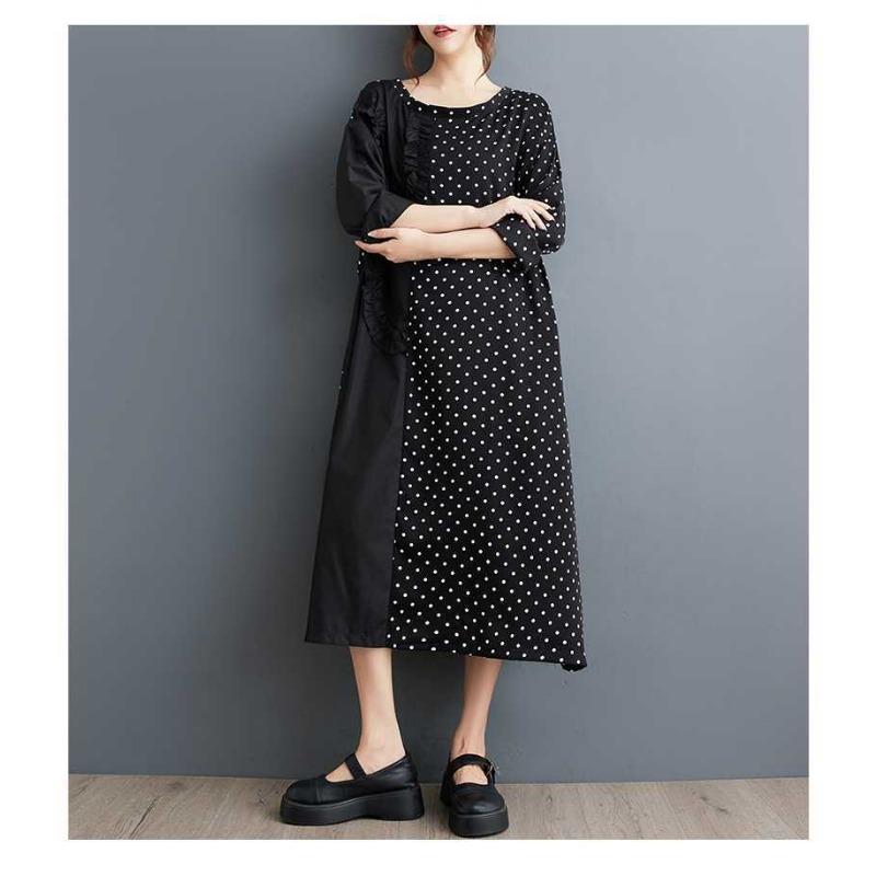 New Polka Dot Splicing Wood Ear Side Long Sleeve Dress Fashion Loose Casual A-Line Dresses