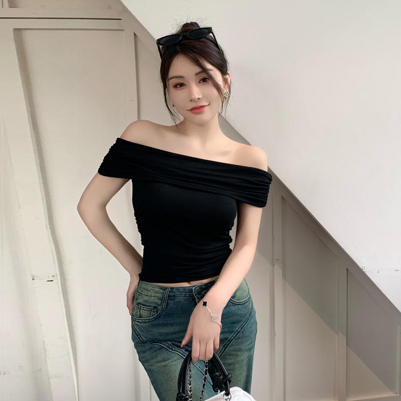 Summer Solid Slim Fit Off Shoulder Sexy T-shirt for Women Elegsnt Short Sleeve Casual Tshirts Woman Slash Neck Simple White Tee Tops 24374