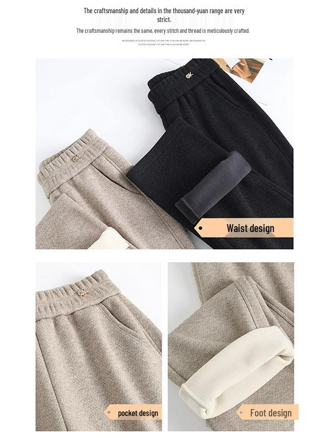 Winter 2025 Women's High-Waisted Trousers, Slimming Acetate Wool with Fleece Lining, Casual Straight-Leg, Versatile for Moms.