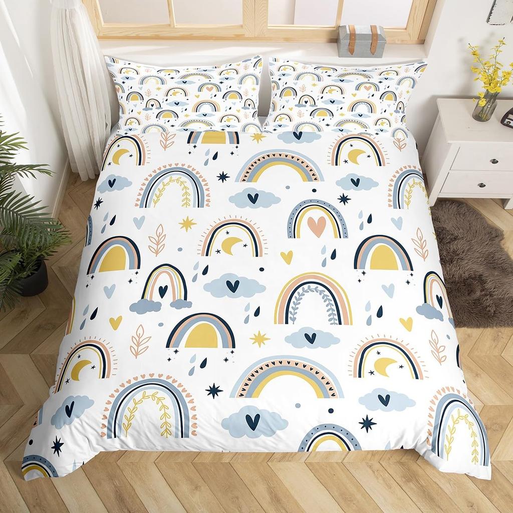 Capa de edredom arco-íris feminino rosa desenho animado conjunto de cama crianças meninas nuvens fofas coroa edredom capa kawaii glitter estrelas colcha capa