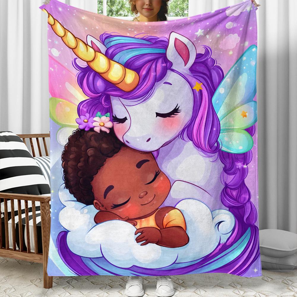 Unicorn Hugging Baby Boy Fantasy Clouds Wings Fleece Blanket Magical Dreamy Purple Theme Soft Cozy Throw Kids Room Decor Gift 75X95CM