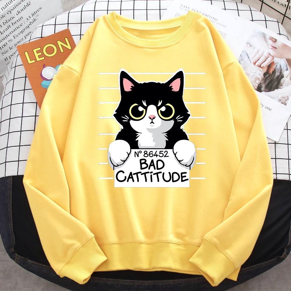 Autumn Winter Womens Pullover No86452 Bad Cattitude Funny Cat Print Hoodie  All-Math Sweatshirts Warm Crewneck Ladies Tops
