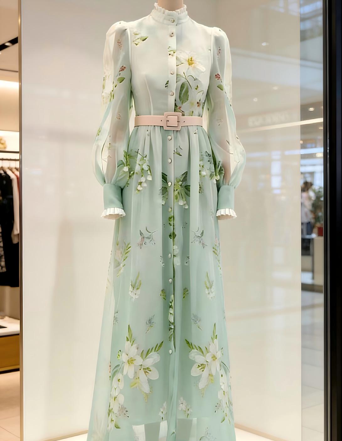 

Australian Retro Print Lantern Sleeve Stand Collar Mid-Length Dress with Belt S зелений