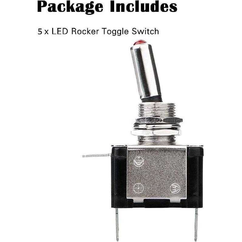 Linkstyle 5PCS 12V LED Toggle Switch, Waterproof 3 Pin SPST 20A ON/Off Red Lighted Rocker Toggle Switch, For Auto Car Marine RV Vehicles Truck Boat