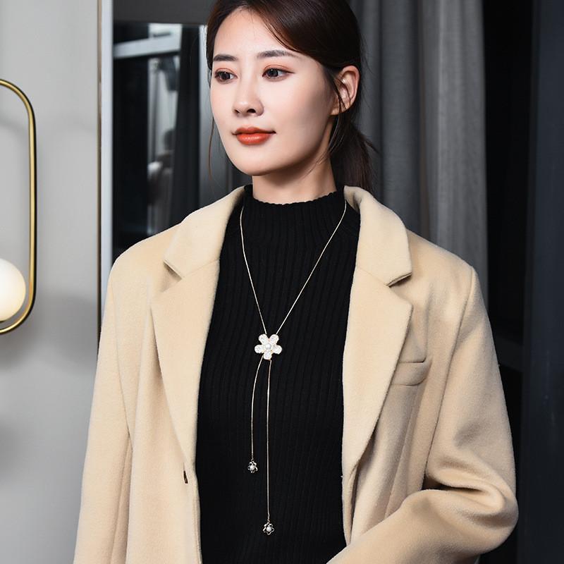 Korean Long Feminine Necklace With Eyecatching Flower And Pearl Pendant Design