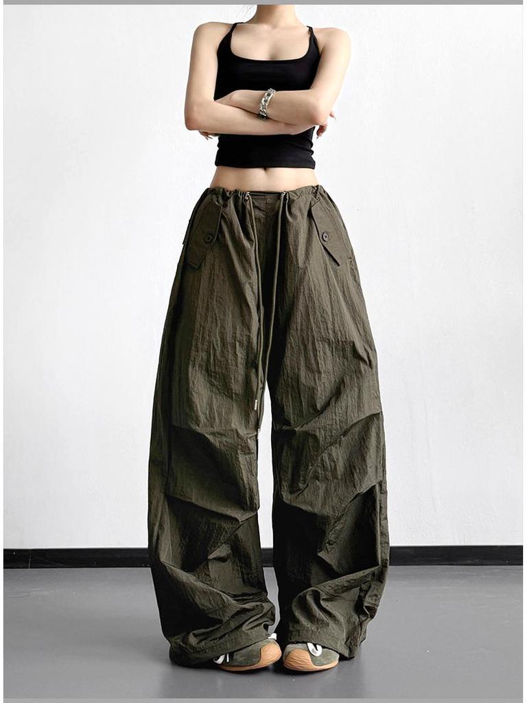 Women's Black Wide-Leg Paratrooper Pants - 2026 Spring Casual Outdoor Fashion