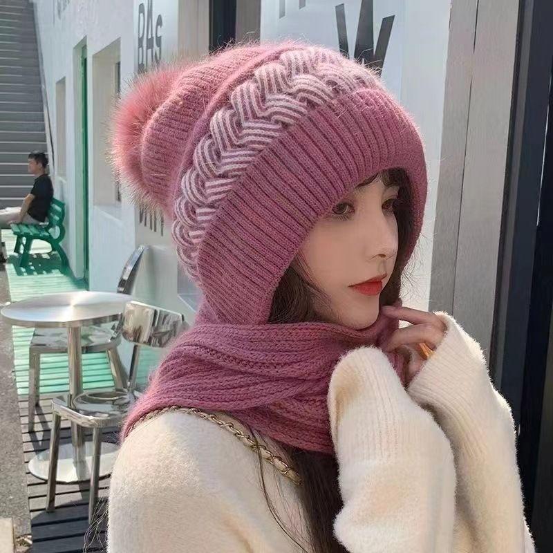 Korean Style Winter Warm Thickened Knitted Wool Hat Set Ear Protection Fleece Lined Cold Proof Neck Warmer Hat and Scarf Integrated