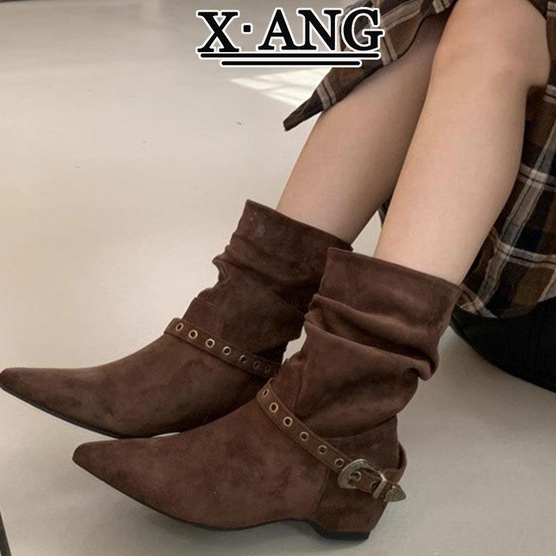 Cowhide version pleated stacking boots pointed inner heightening short boots Martin boots women's belt buckle medium boots thin boots