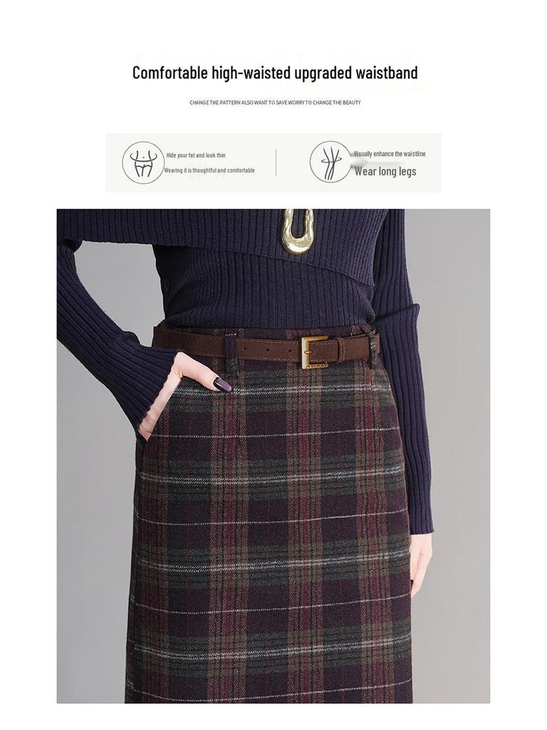 Plaid Wool Blend Split Pencil Skirt - 2025 Winter Mid-Length Vintage Style