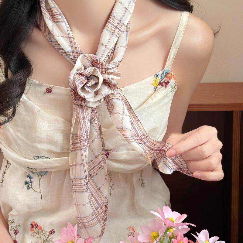 Spring Summer Colorful Polka Dot Floral Decorative Scarf Necktie Soft Lightweight Breathable Lace Up Accessory Fashion Decor