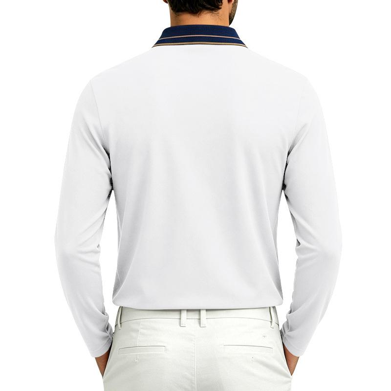 Autumn Mens Solid Long Sleeve Polo Shirt Contrast Striped Lapel Collar Button Placket Breathable Golf Casual Wear Tees