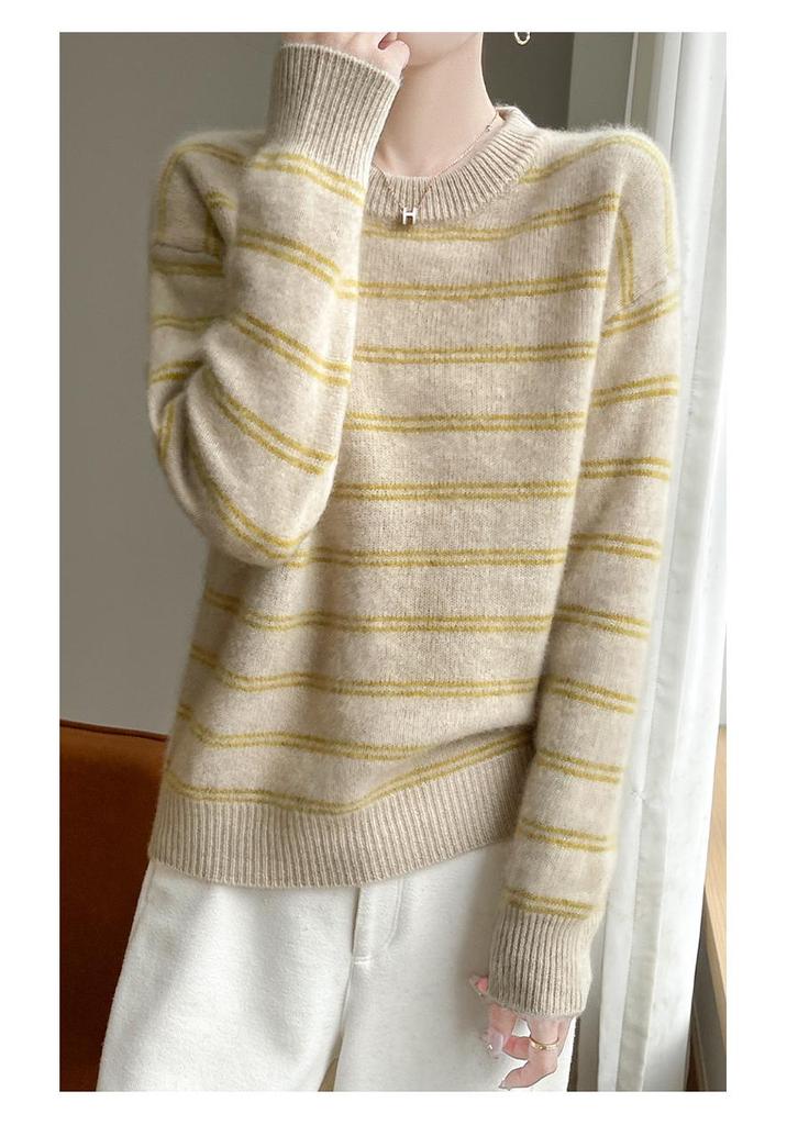 2024 Autumn/Winter Pure Wool Striped Round Neck Sweater - Relaxed, Versatile Fashion for Commuting